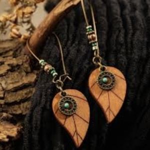 Ethnic Wood Dangle Drop Earrings Sakura Cherry Flower with studs.